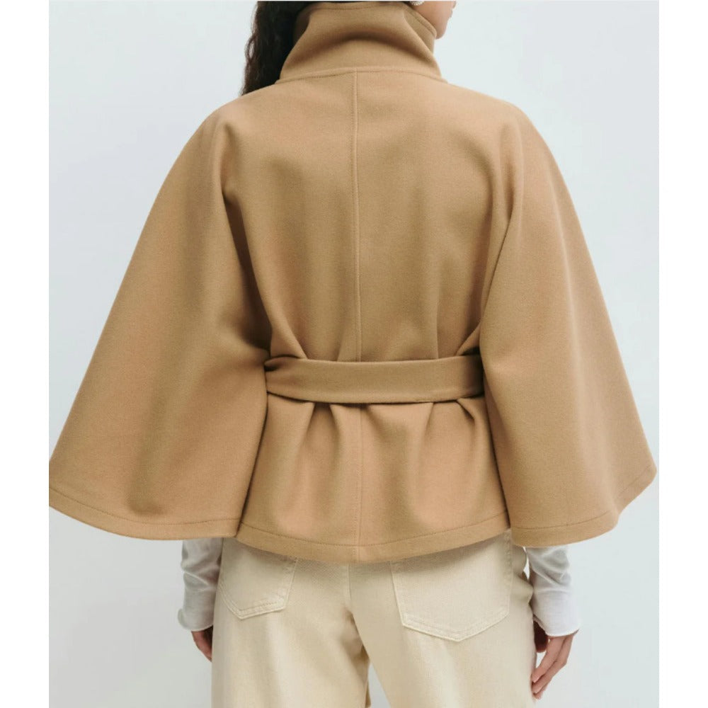 Women's Belted Cape Coat with High Collar