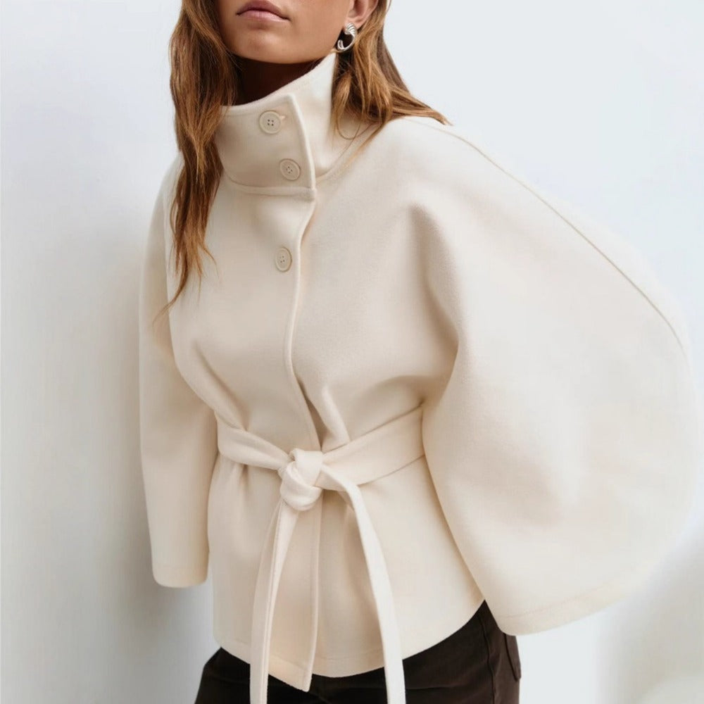 Women's Belted Cape Coat with High Collar