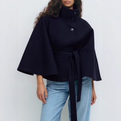 Women's Belted Cape Coat with High Collar