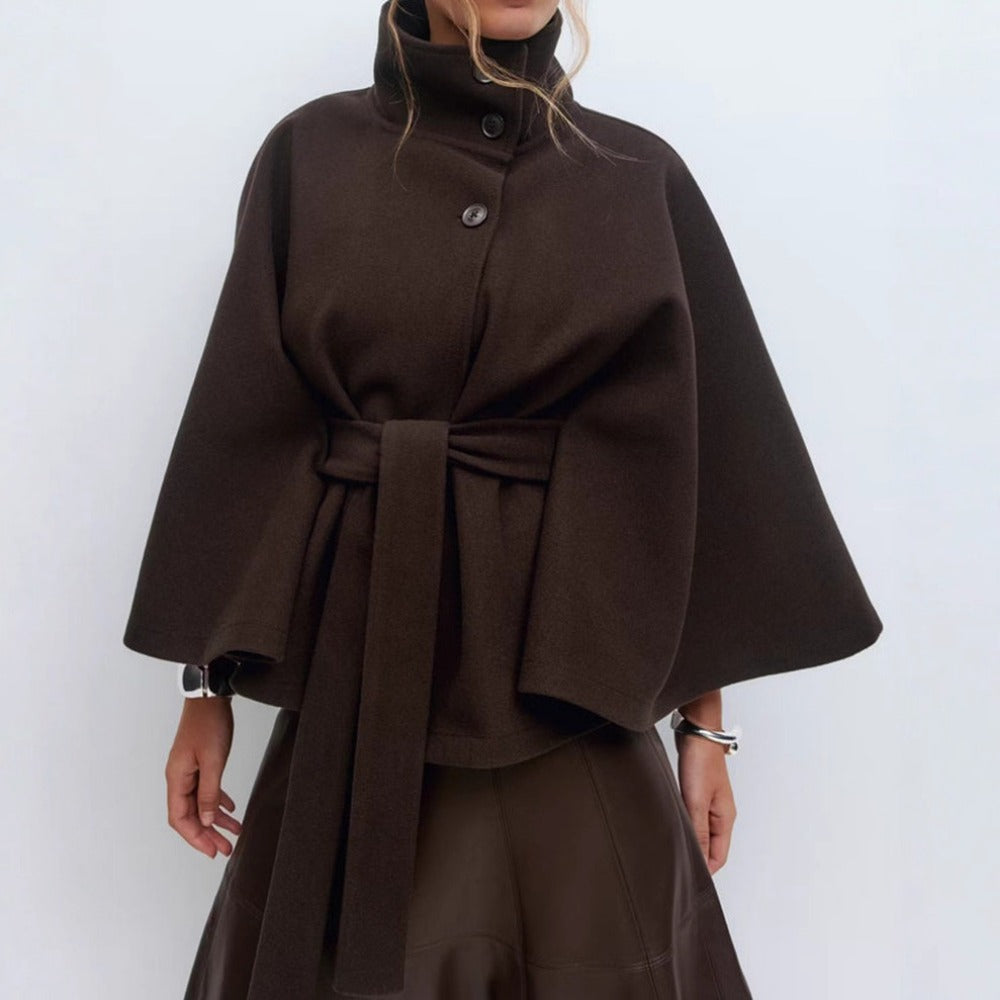 Women's Belted Cape Coat with High Collar