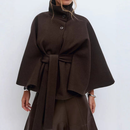 Women's Belted Cape Coat with High Collar