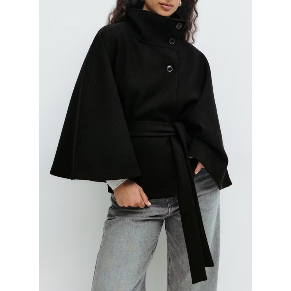 Women's Belted Cape Coat with High Collar