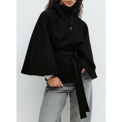 Women's Belted Cape Coat with High Collar