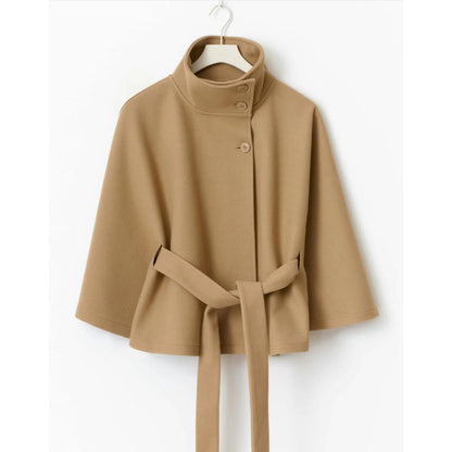 Women's Belted Cape Coat with High Collar