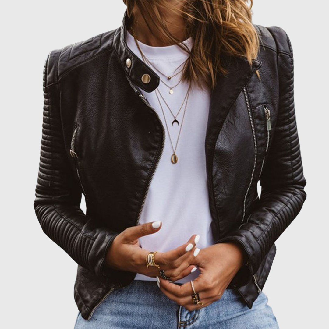 Women's Leather Biker Jacket with Ribbed Sleeves