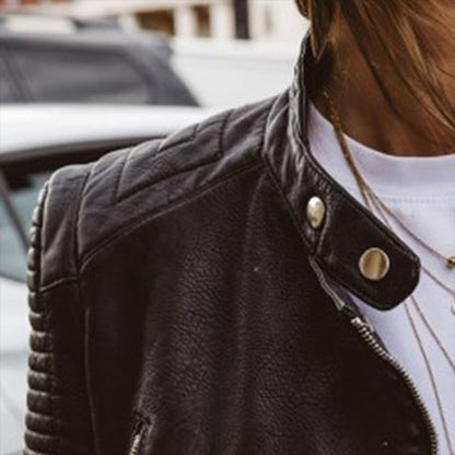 Women's Leather Biker Jacket with Ribbed Sleeves