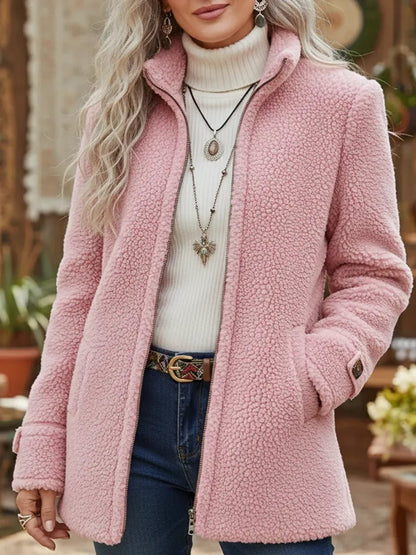 Women's Fleece Jacket with Stand Collar and Zip Front