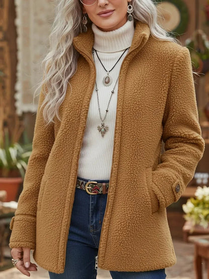 Women's Fleece Jacket with Stand Collar and Zip Front