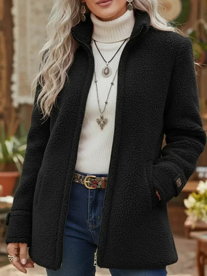 Women's Fleece Jacket with Stand Collar and Zip Front