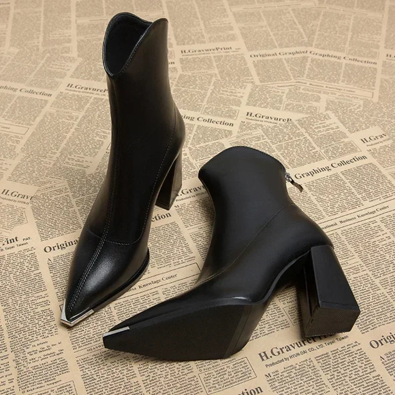 Women's Side Zip Pointed Toe Ankle Boots with Block Heel