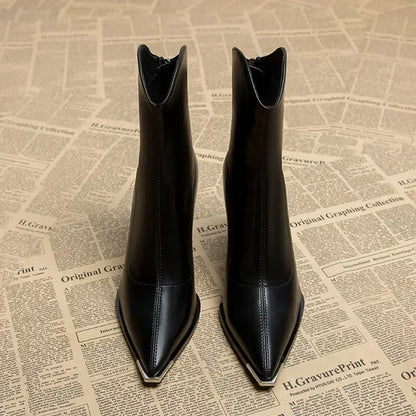 Women's Side Zip Pointed Toe Ankle Boots with Block Heel