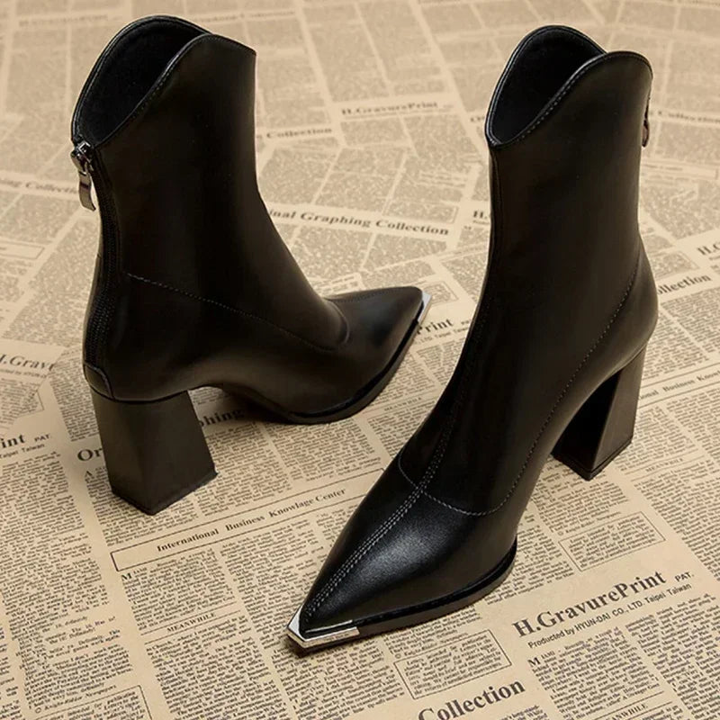 Women's Side Zip Pointed Toe Ankle Boots with Block Heel