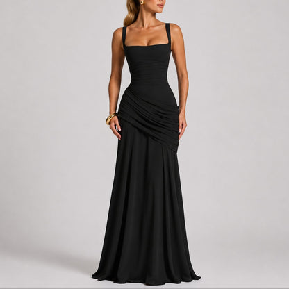 Women's Ruched Maxi Dress with Square Neck