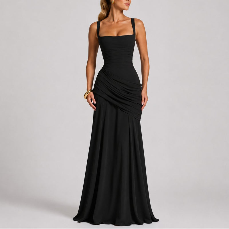 Women's Ruched Maxi Dress with Square Neck