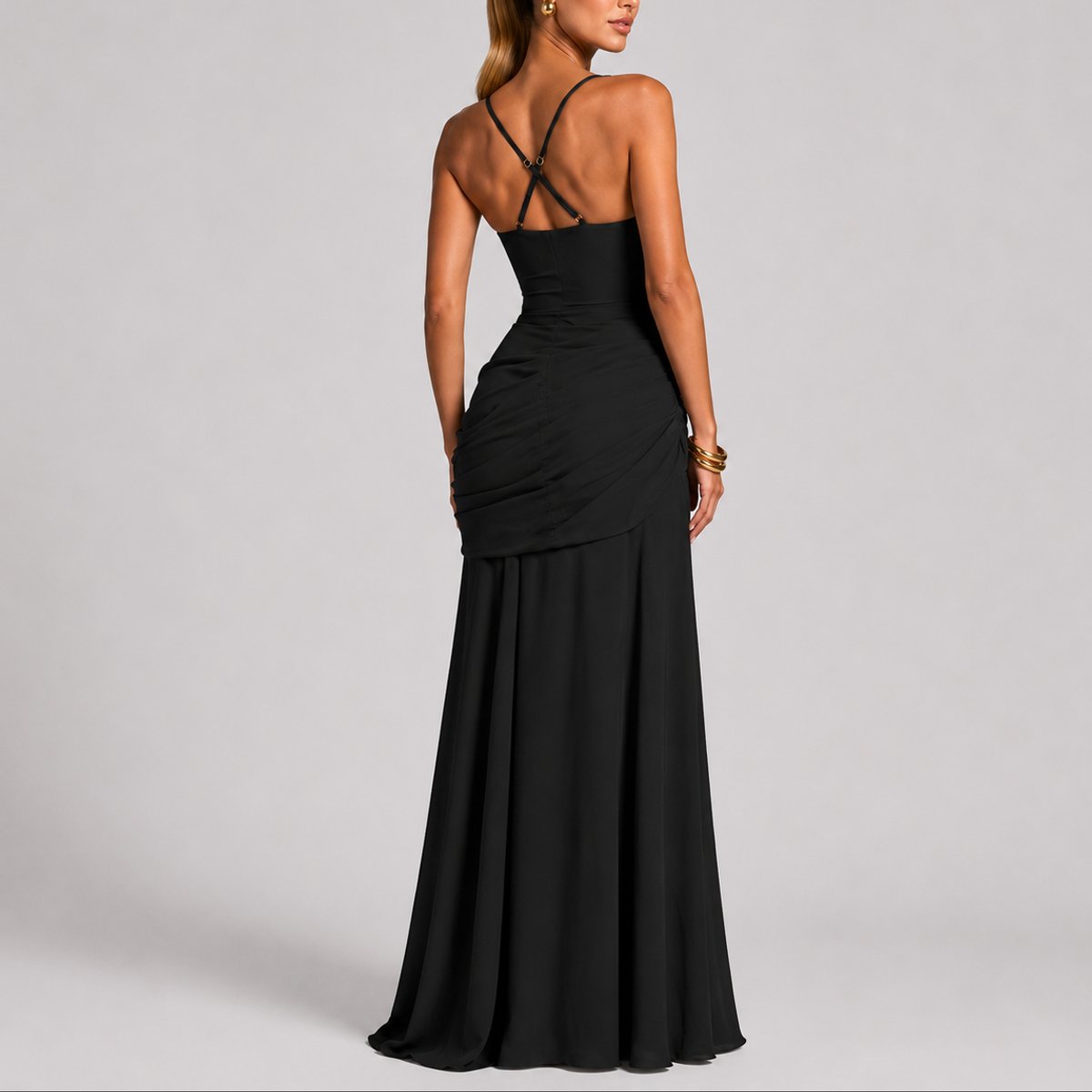 Women's Ruched Maxi Dress with Square Neck