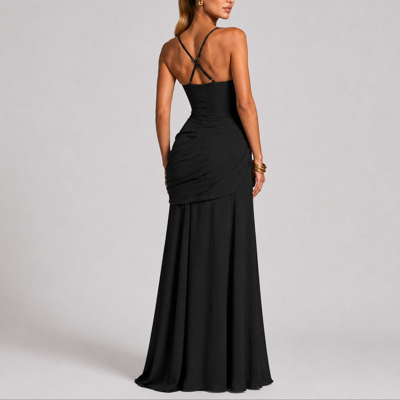 Women's Ruched Maxi Dress with Square Neck