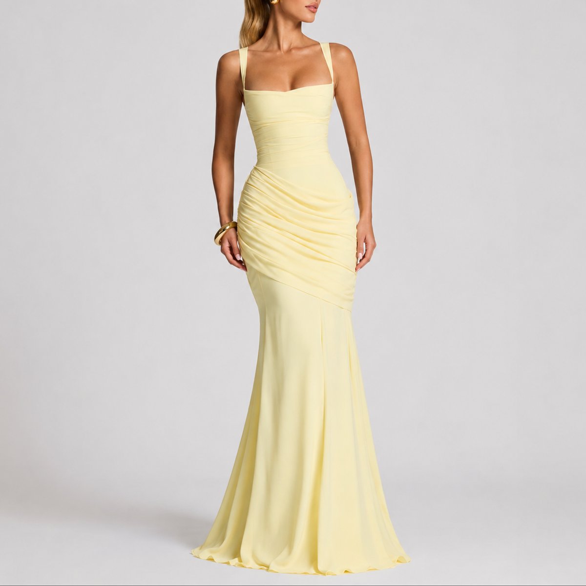 Women's Ruched Maxi Dress with Square Neck