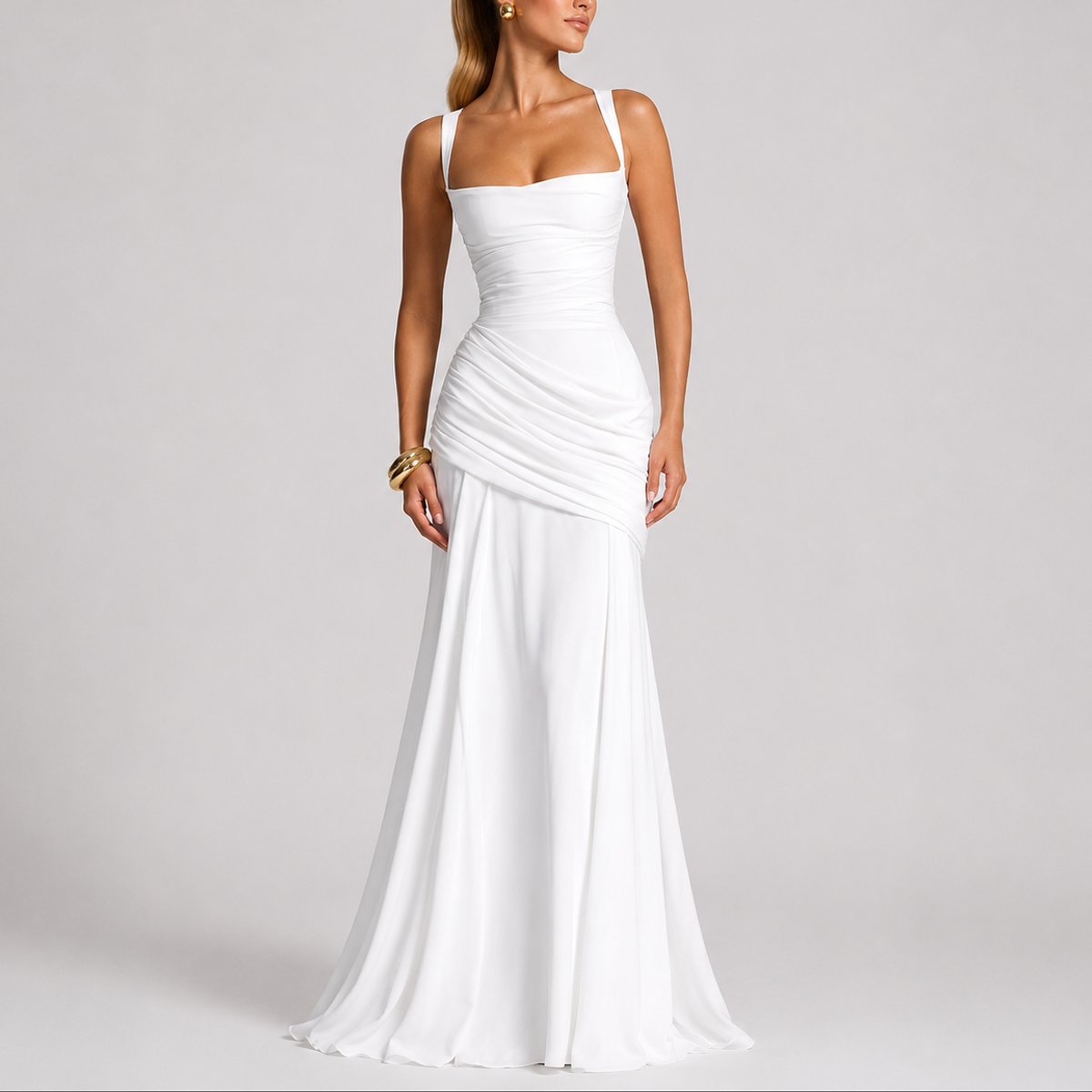 Women's Ruched Maxi Dress with Square Neck