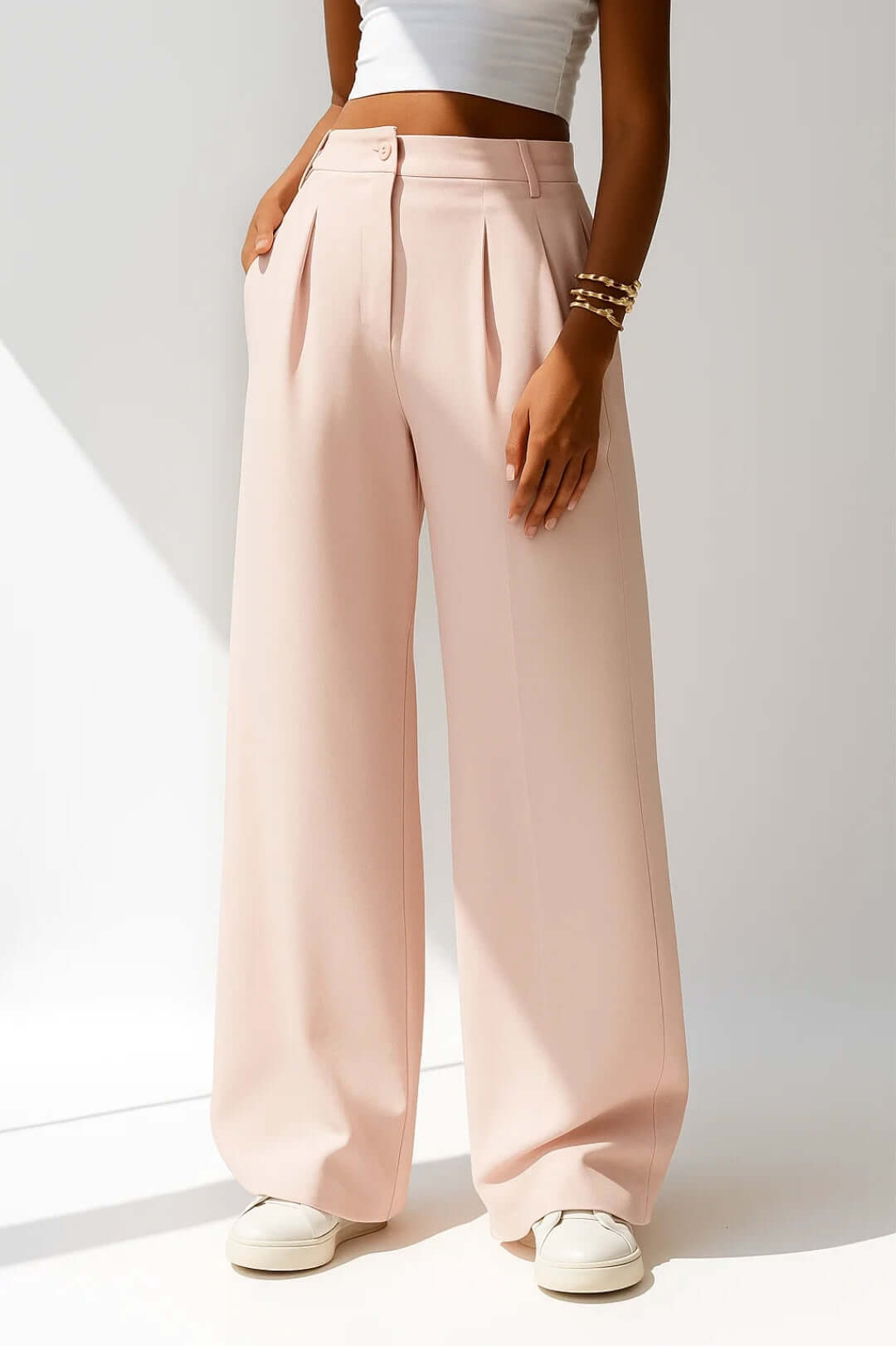 Women's Wide-Leg Pants – High-Waisted Pleated Stretch Fit