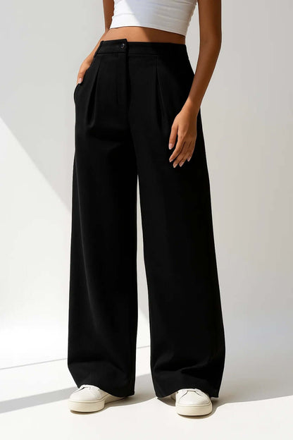 Women's Wide-Leg Pants – High-Waisted Pleated Stretch Fit