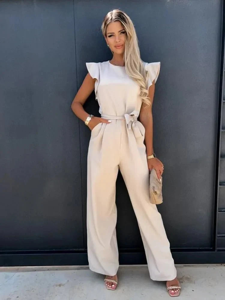 Women's Wide Leg Jumpsuit with Flutter Sleeves