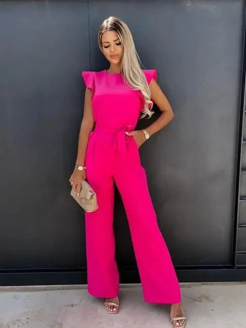 Women's Wide Leg Jumpsuit with Flutter Sleeves