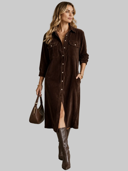 Women's Corduroy Shirt Dress – Button Front, Pockets