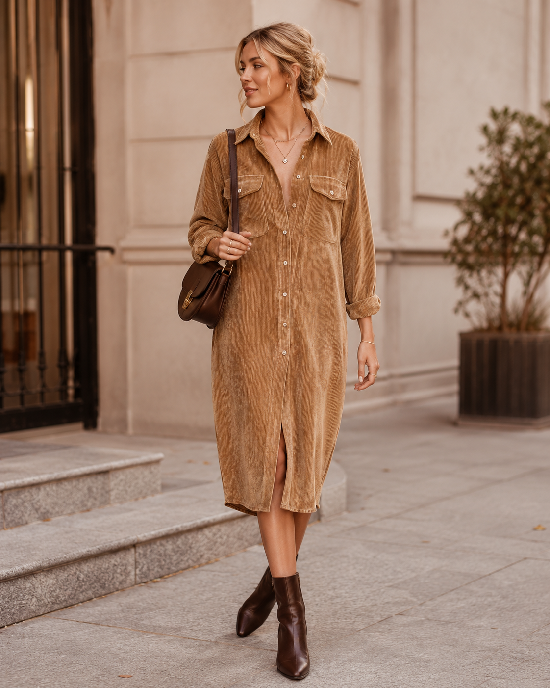 Women's Corduroy Shirt Dress – Button Front, Pockets