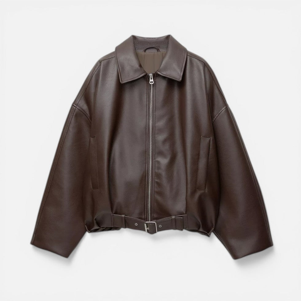 Women's Cropped Faux Leather Jacket with Belted Hem