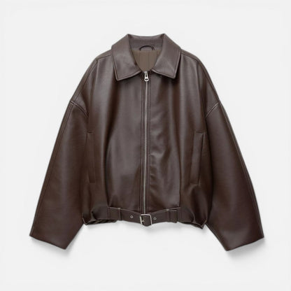 Women's Cropped Faux Leather Jacket with Belted Hem