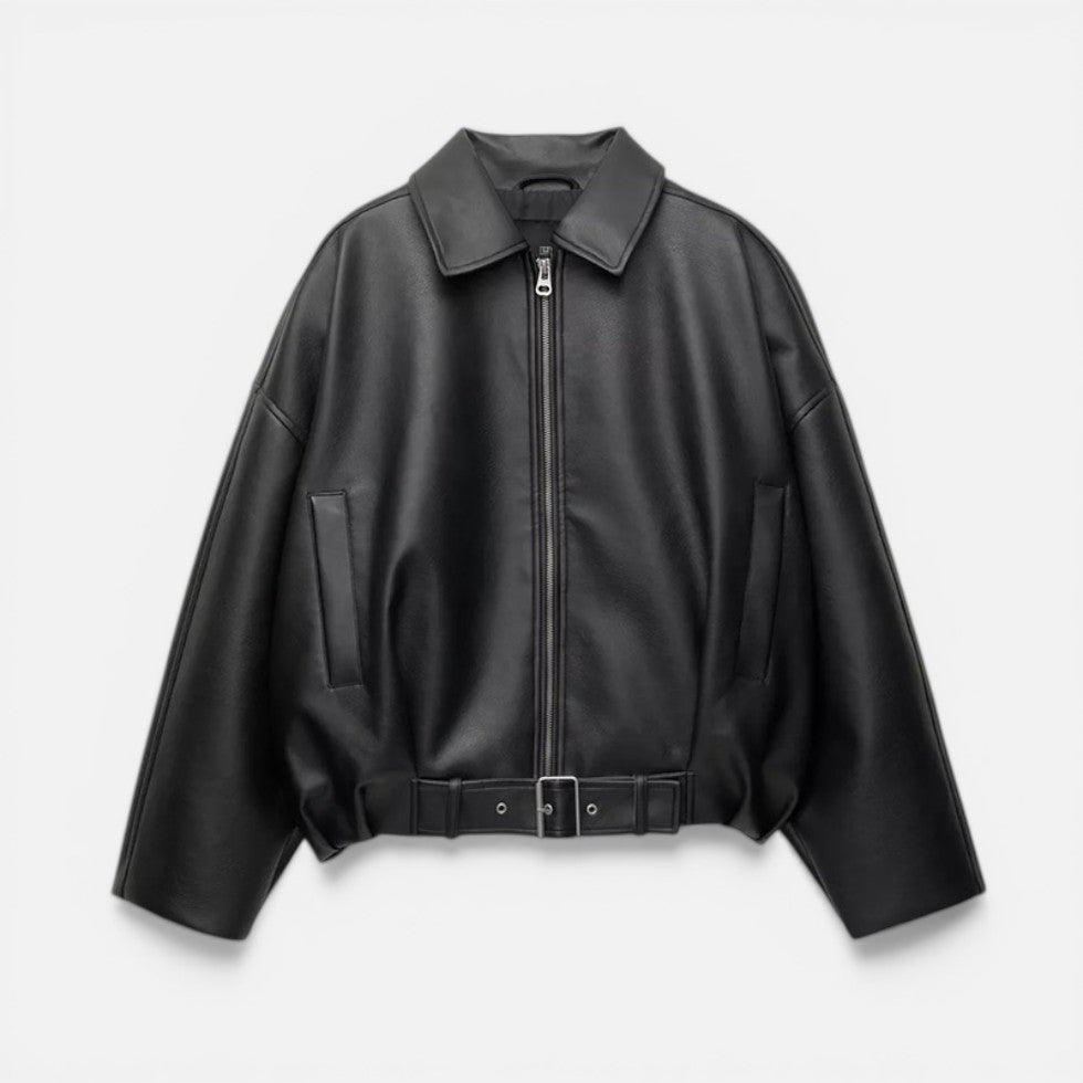 Women's Cropped Faux Leather Jacket with Belted Hem