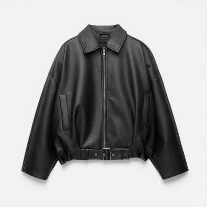 Women's Cropped Faux Leather Jacket with Belted Hem