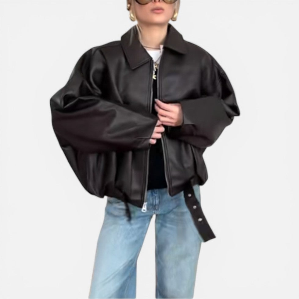 Women's Cropped Faux Leather Jacket with Belted Hem