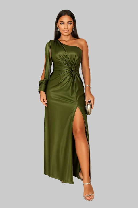 Women's One-Shoulder Satin Maxi Dress with Front Slit
