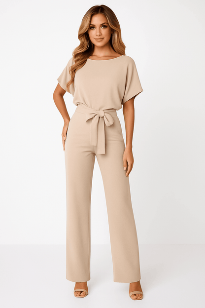 Women's Short Sleeve Belted Wide Leg Jumpsuit