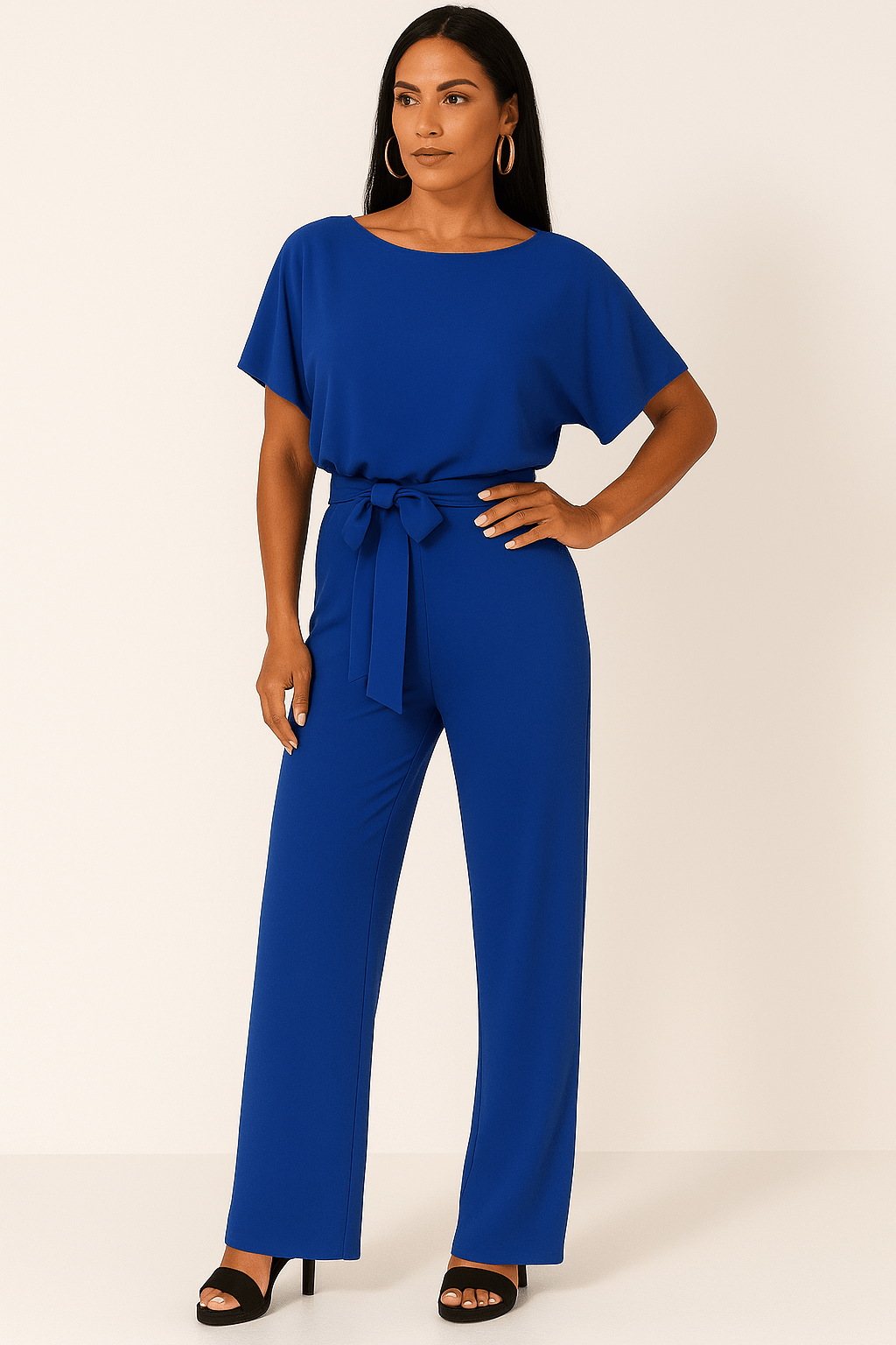 Women's Short Sleeve Belted Wide Leg Jumpsuit