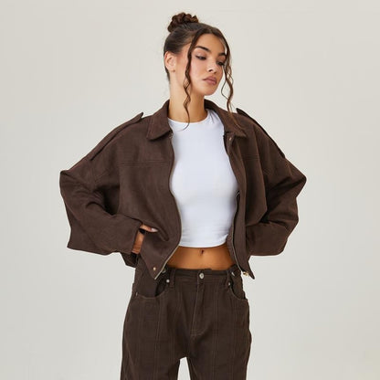 Women's Oversized Cropped Faux Suede Bomber Jacket