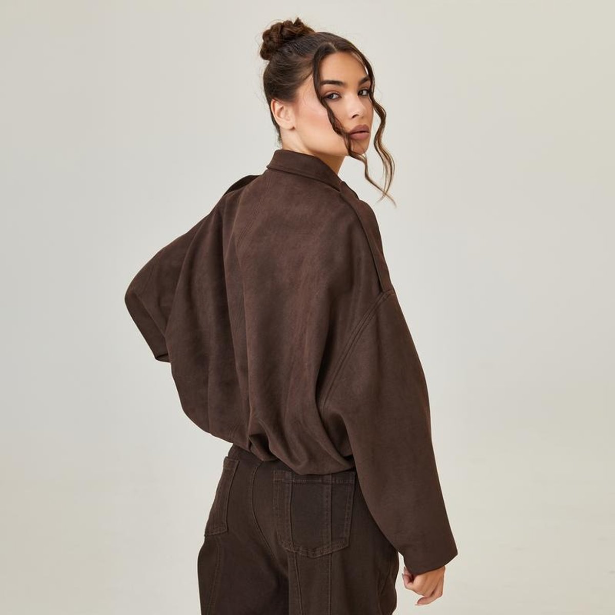 Women's Oversized Cropped Faux Suede Bomber Jacket