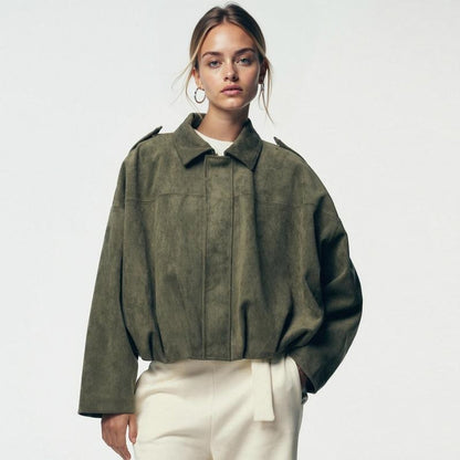Women's Oversized Cropped Faux Suede Bomber Jacket
