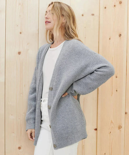 Women's Oversized V-Neck Ribbed Cashmere Cardigan