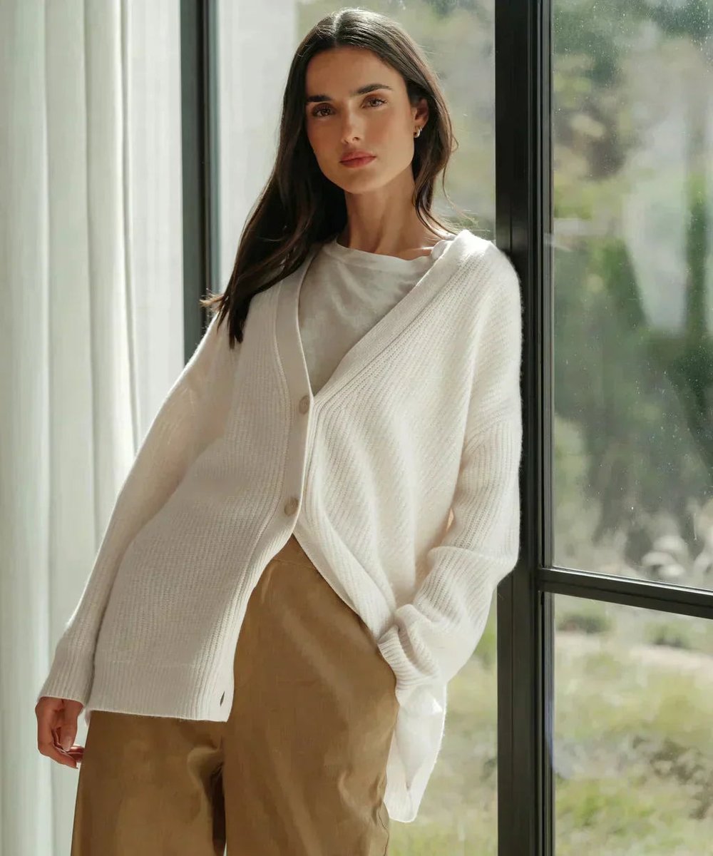 Women's Oversized V-Neck Ribbed Cashmere Cardigan