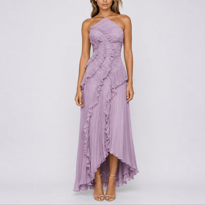 Women's Pleated Halter High-Low Maxi Dress with Ruffles