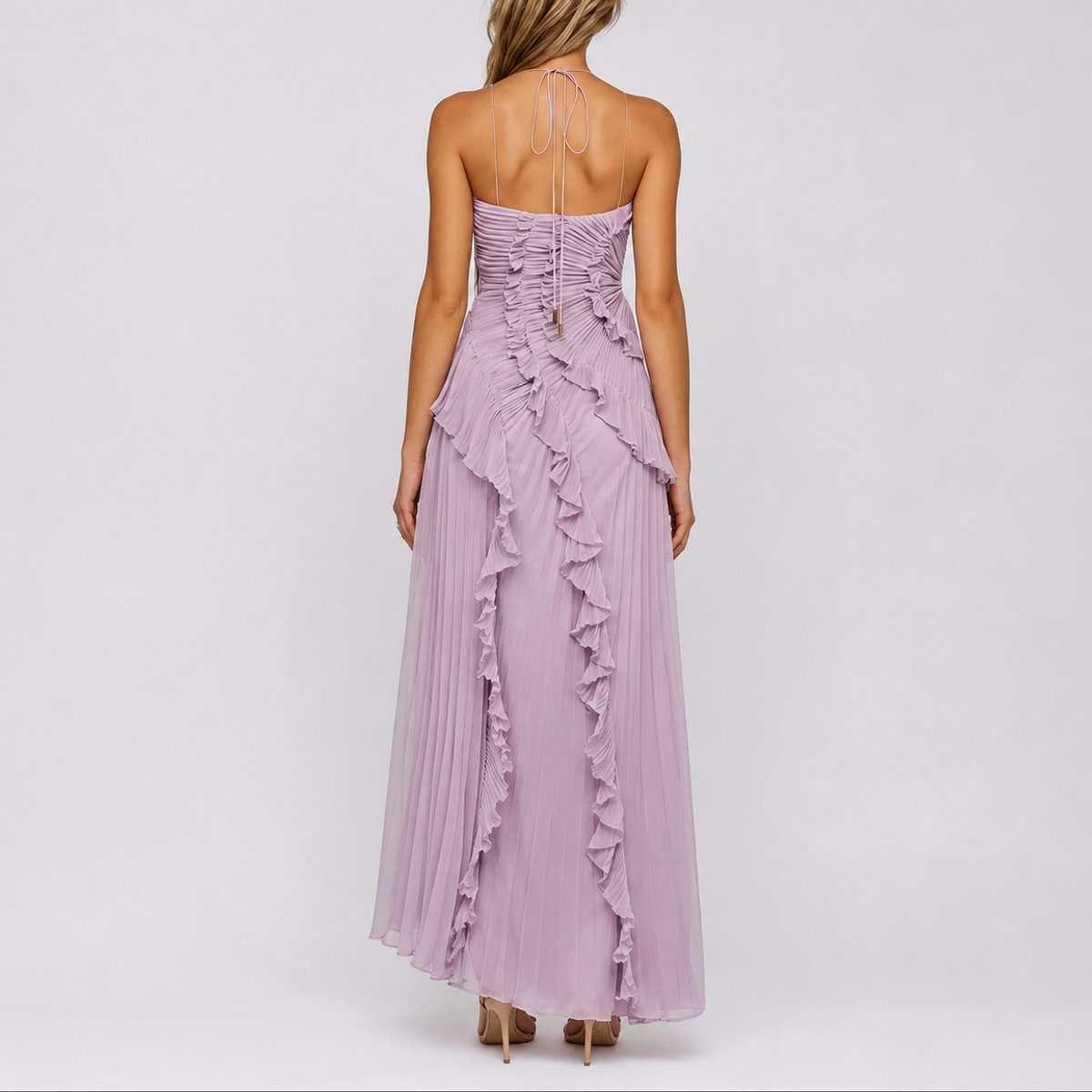 Women's Pleated Halter High-Low Maxi Dress with Ruffles