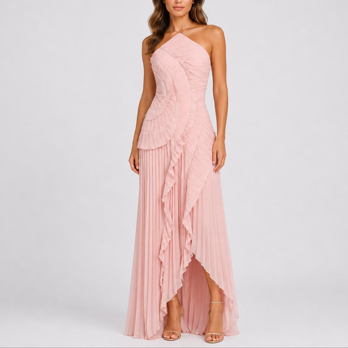 Women's Pleated Halter High-Low Maxi Dress with Ruffles