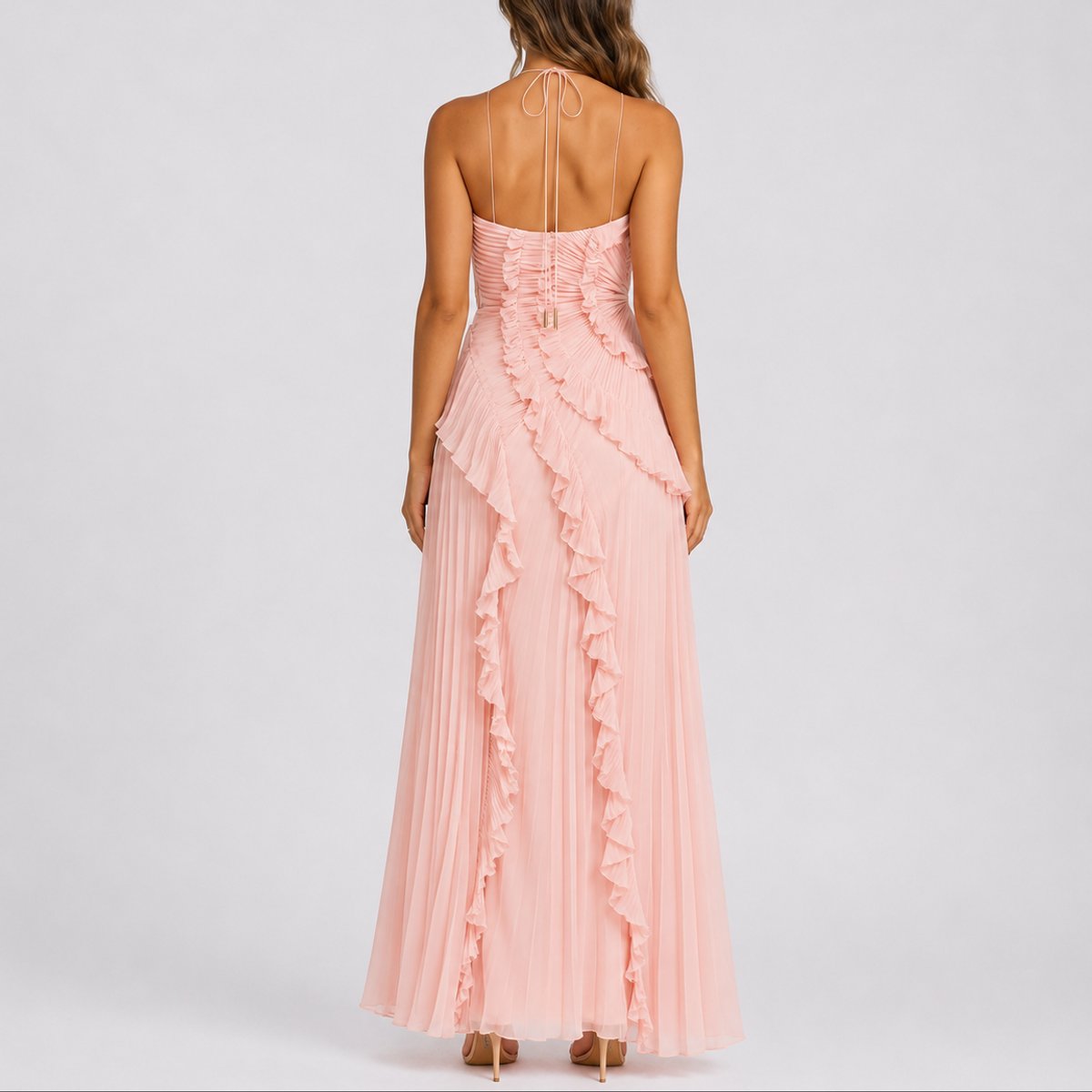 Women's Pleated Halter High-Low Maxi Dress with Ruffles