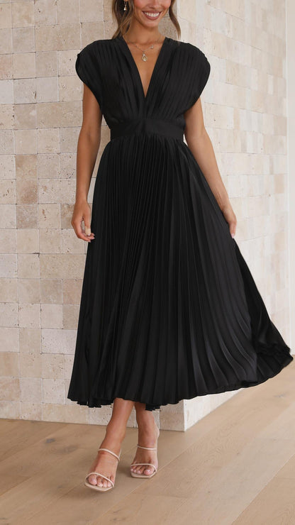 Women's Pleated Deep V-Neck Maxi Dress