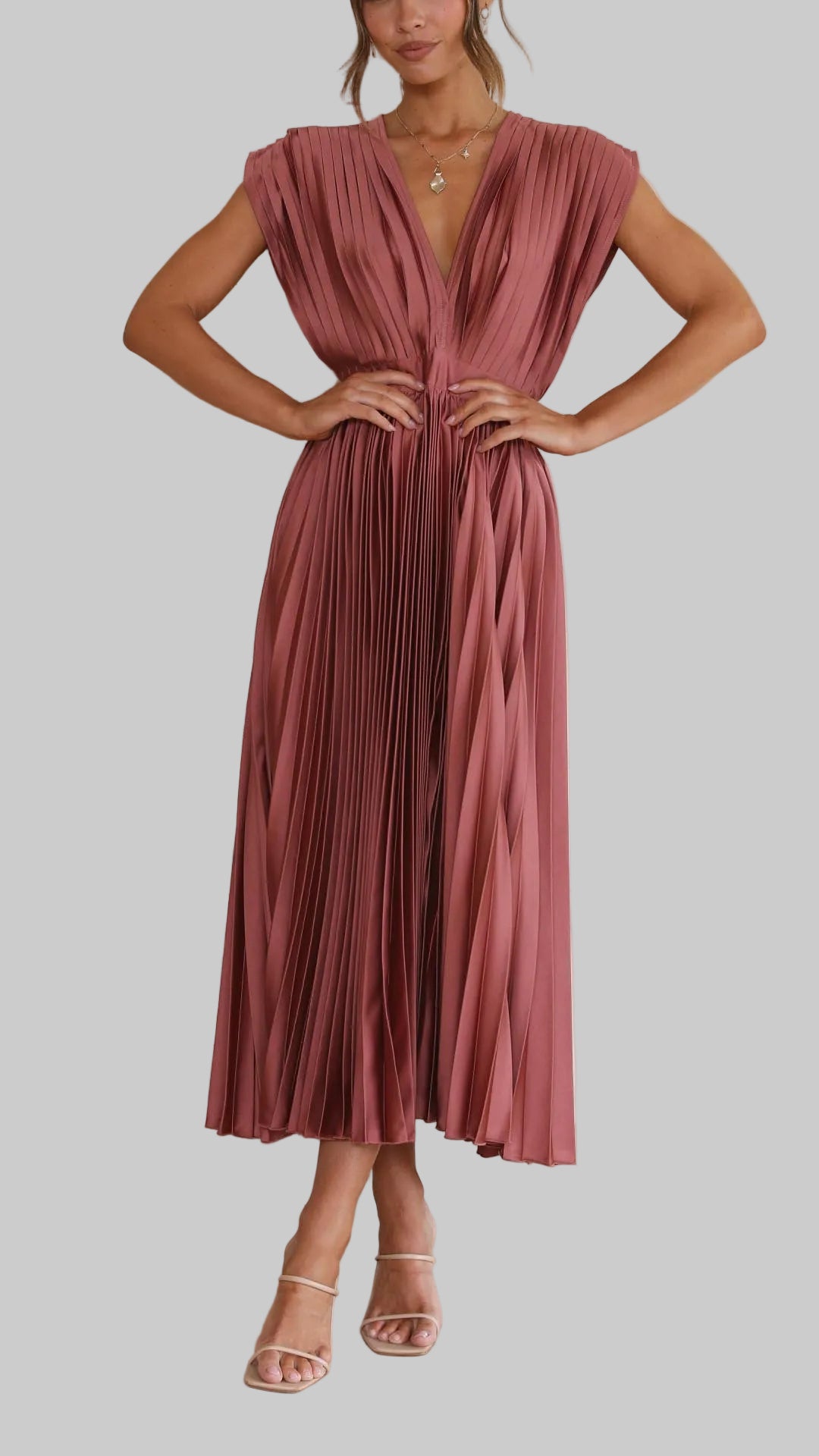 Women's Pleated Deep V-Neck Maxi Dress