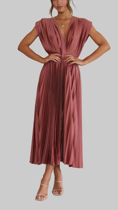 Women's Pleated Deep V-Neck Maxi Dress