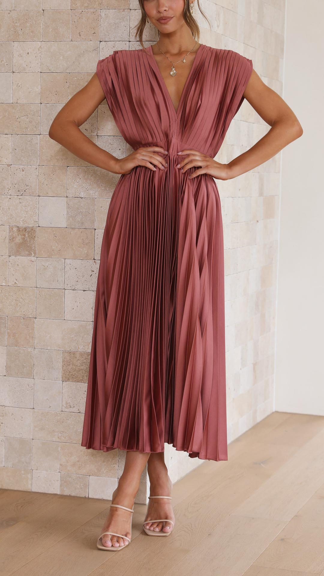Women's Pleated Deep V-Neck Maxi Dress
