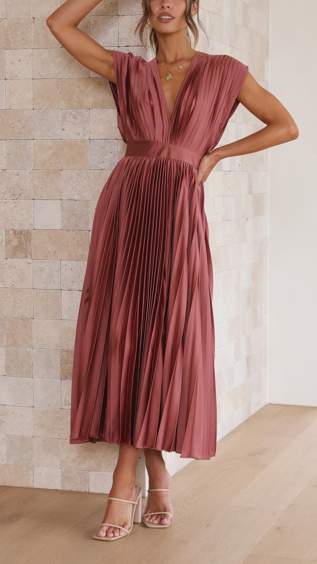 Women's Pleated Deep V-Neck Maxi Dress
